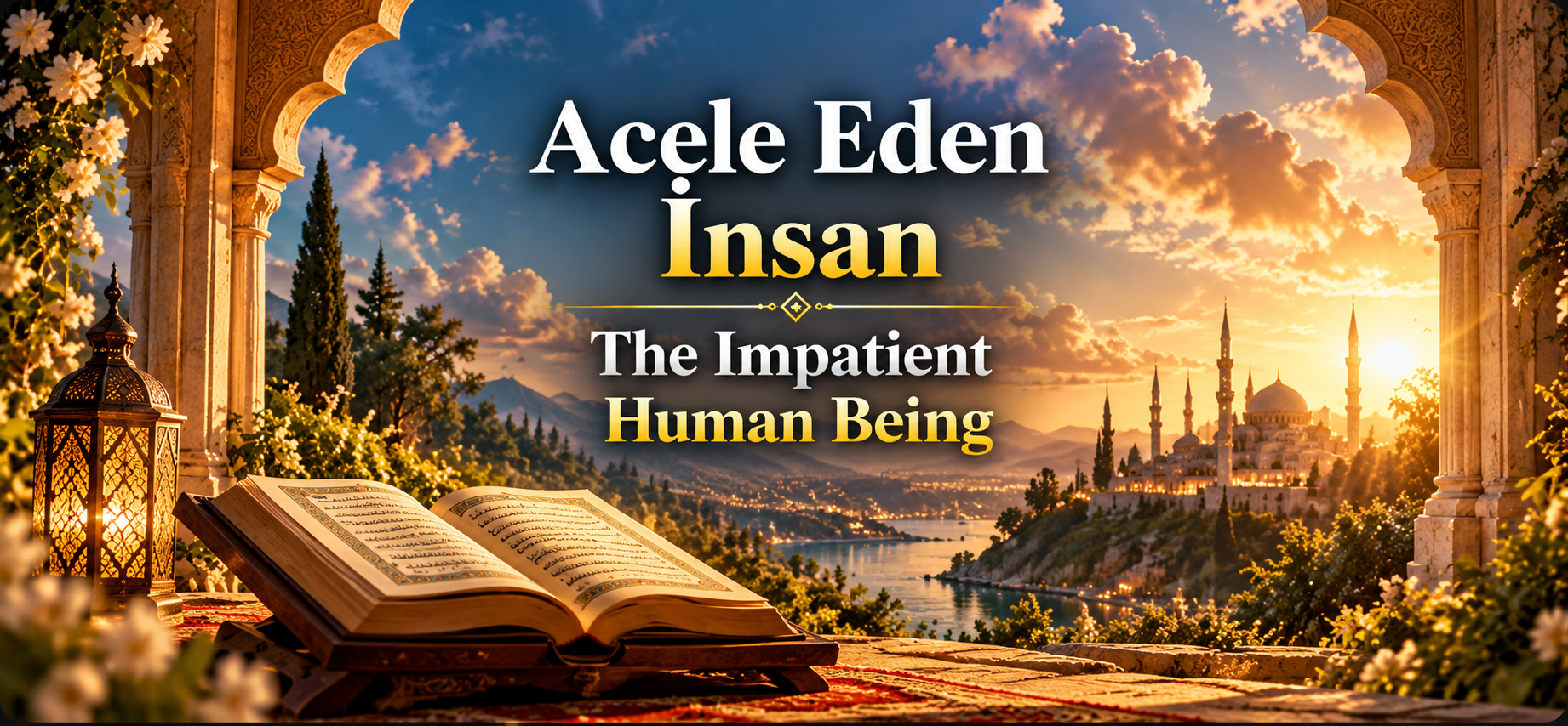 Acele Eden İnsan başlıklı, sabırsızlık, dua, bilgi, sabır ve TANRI karşısında teslimiyet üzerine tefekkürü temsil eden kapak görseli