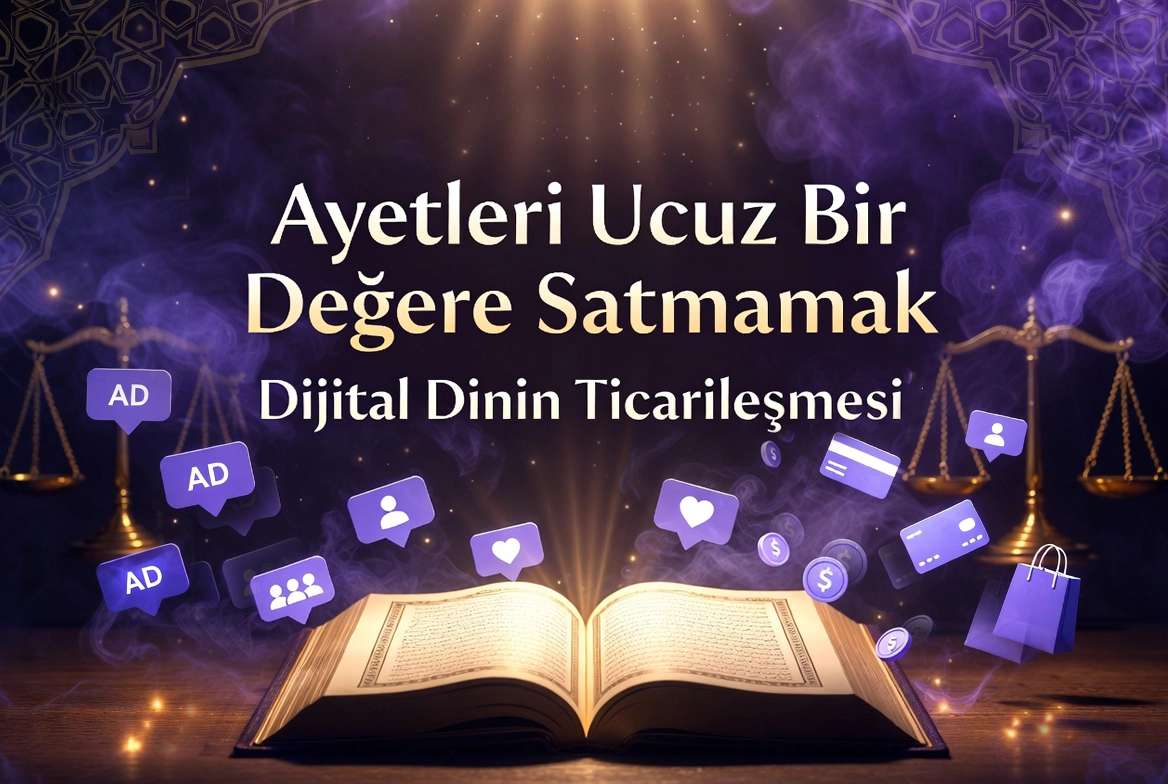 Ayetleri Ucuz Bir Değere Satmamak başlıklı, açık bir Kuran sayfası ile dijital reklam, takipçi ve ödeme simgeleri arasındaki gerilimi yansıtan görsel