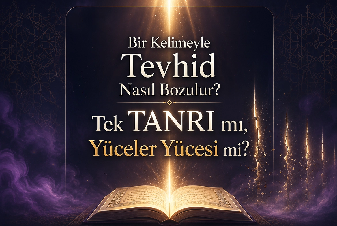 Bir Kelimeyle Tevhid Nasıl Bozulur? Tek TANRI mı, Yüceler Yücesi mi başlıklı, açık bir kutsal kitap üzerinde yükselen tek güçlü ışık ile çevresindeki yapay çoğul yansımalar üzerinden tevhid ve çeviri farkını simgeleyen kapak görseli