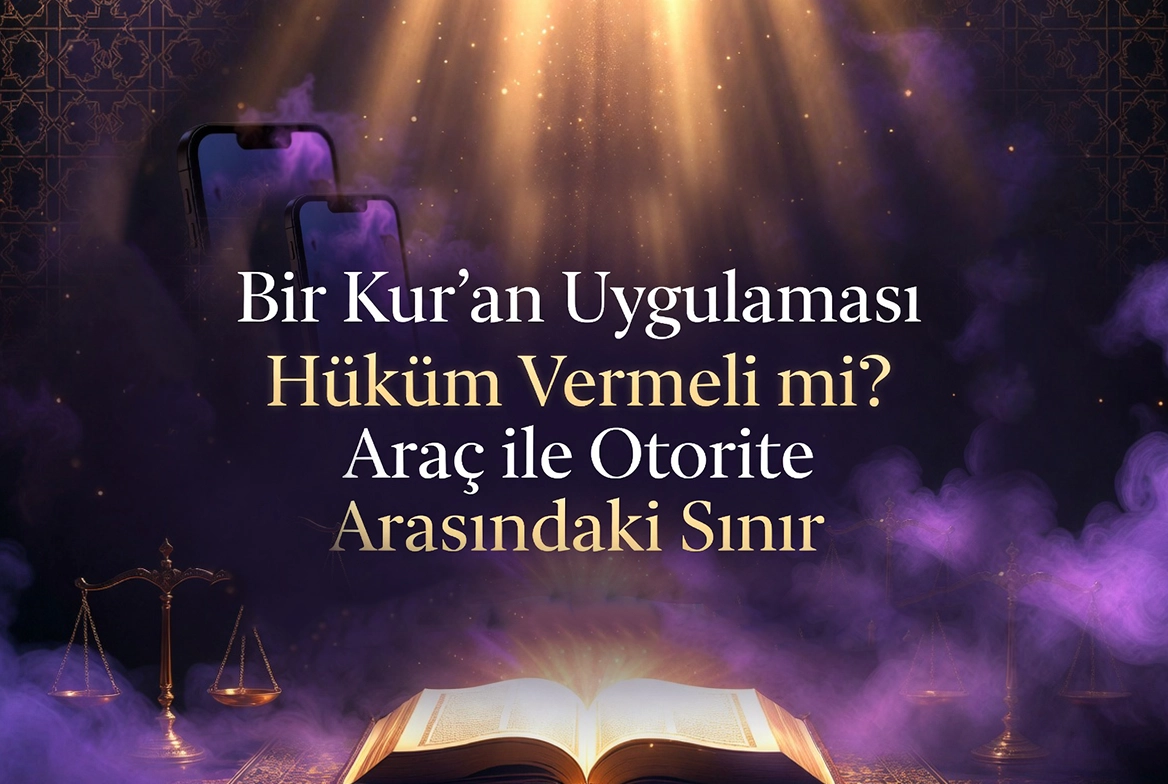 Bir Kur’an Uygulaması Hüküm Vermeli mi başlıklı, açık bir kitap ile dijital arayüz arasındaki sınırı yansıtan kapak görseli