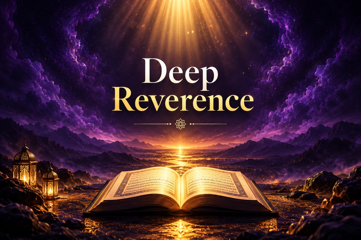 Cover titled Deep Reverence, showing an open Quran page, a simple line of light symbolizing the covenant, and a human silhouette turning toward a single center