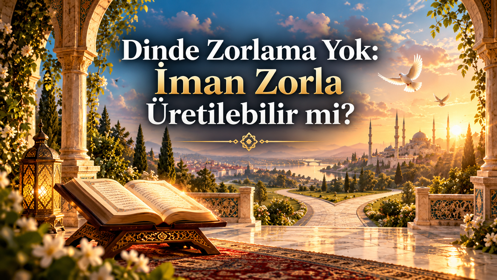 Dinde Zorlama Yok başlıklı, iman, seçim, rehberlik ve dini zorlamanın sınırları üzerine tefekkürü temsil eden kapak görseli