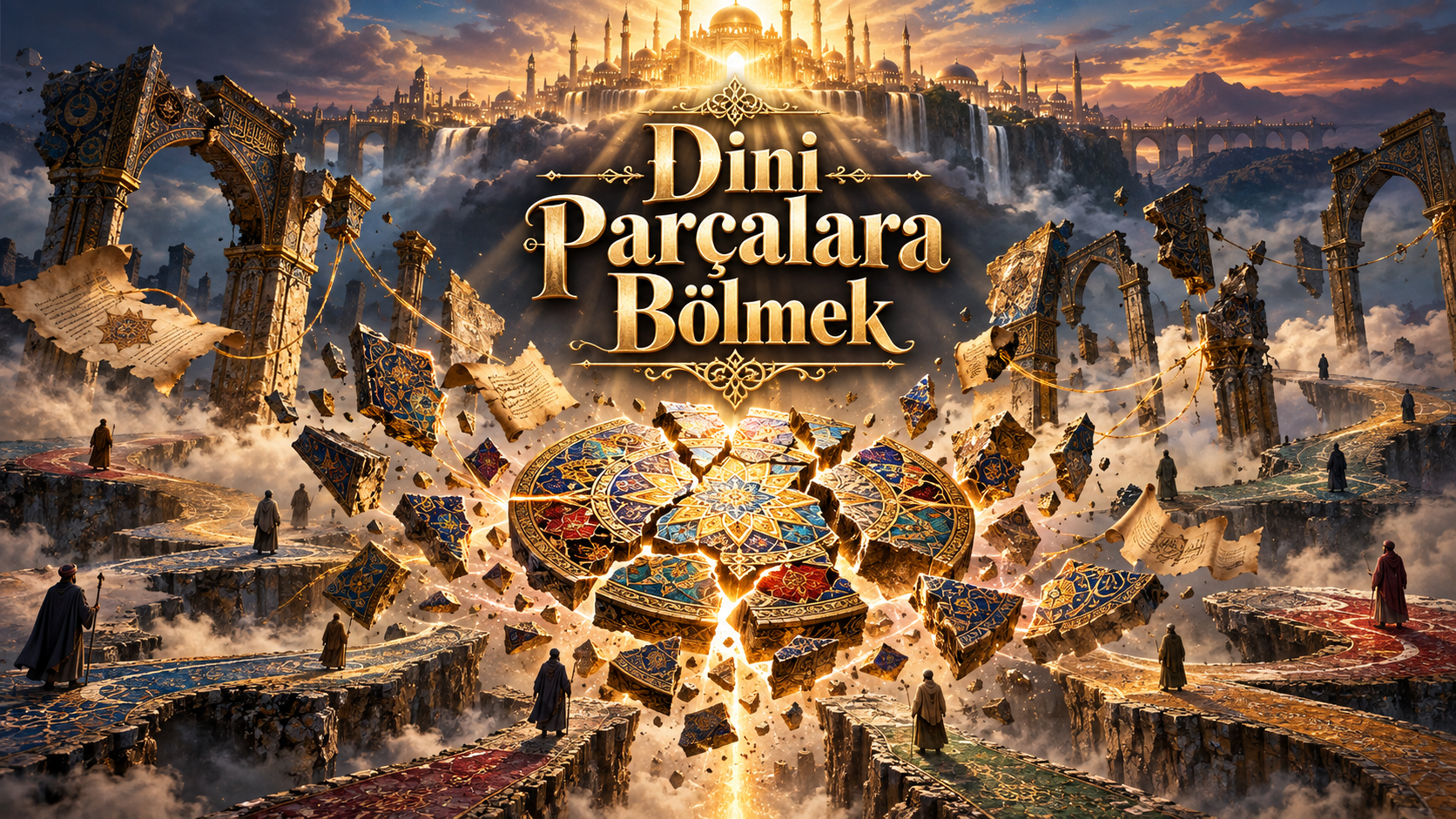 Dini Parçalara Bölmek başlıklı, mezhepler, tek cemaat, birlik, ihtilaf ve nihai hükmün TANRI’ya ait oluşu üzerine tefekkürü temsil eden kapak görseli