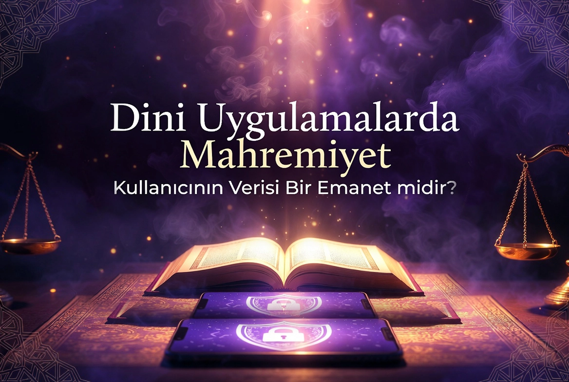 Dini Uygulamalarda Mahremiyet başlıklı, kapalı bir dijital oda, kilitli bir telefon ve açık bir Kuran sayfasını simgeleyen görsel