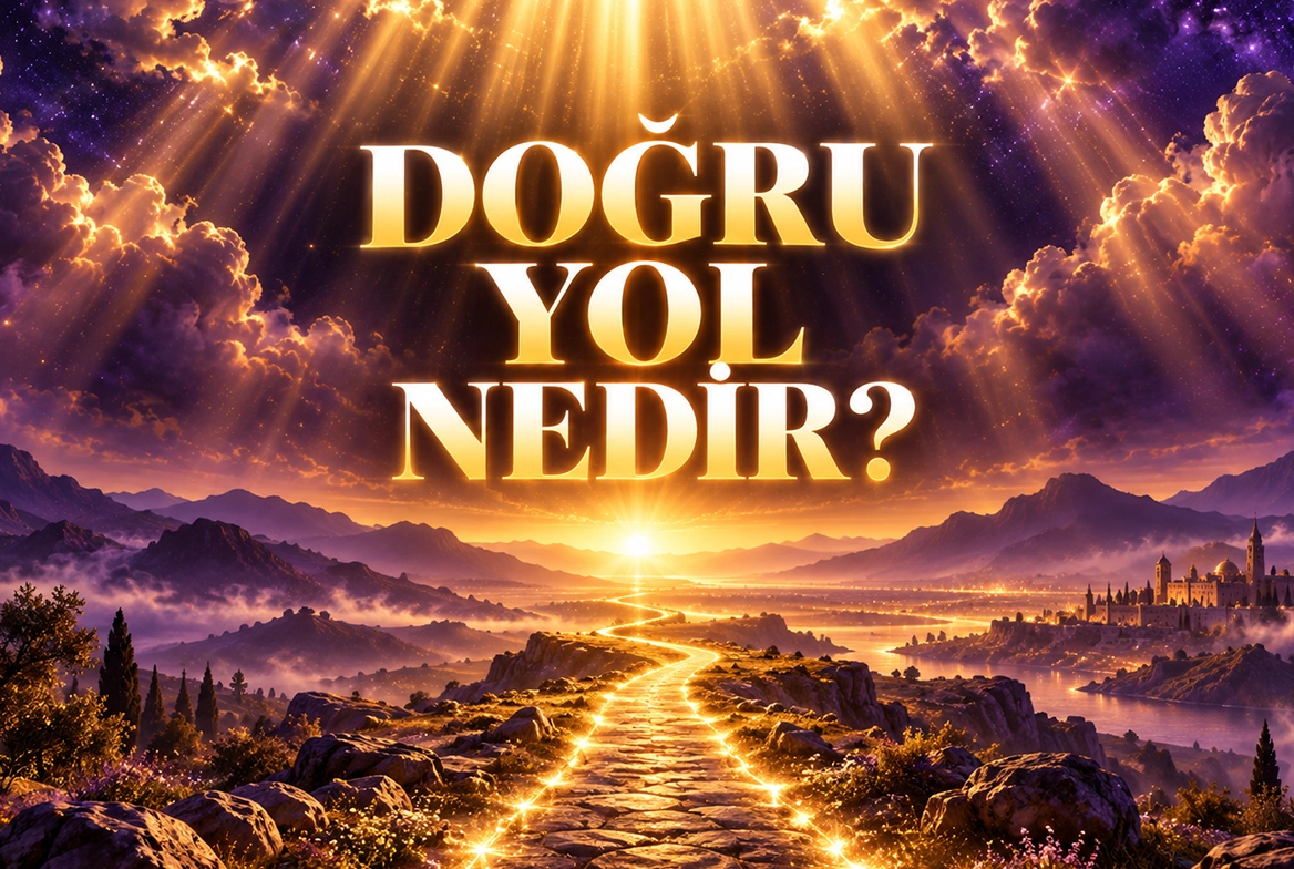 Doğru Yol Nedir başlıklı, rehberlik, dosdoğru yol, tevhid ve adalet üzerine tefekkürü temsil eden kapak görseli