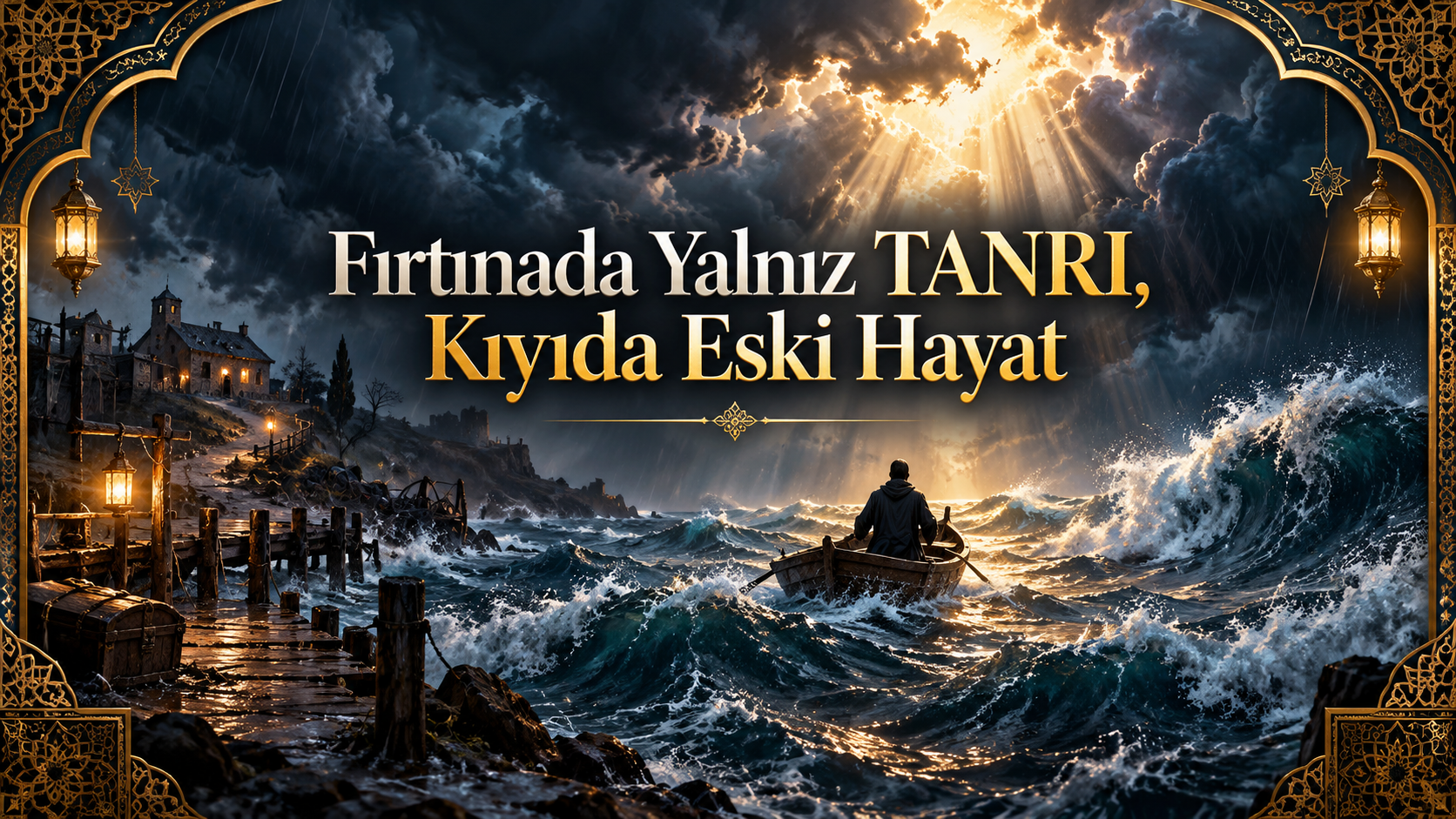 Fırtınada Yalnız TANRI başlıklı, kriz, dua, samimiyet, şükür ve rahatlık döneminde TANRI’yı unutmamak üzerine tefekkürü temsil eden kapak görseli