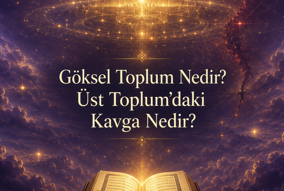 Göksel Toplum Nedir? Üst Toplum’daki Kavga Nedir? başlıklı, Üst Toplum, insanın yaratılışı, itaat, kibir ve tevhid temasını yansıtan kapak görseli