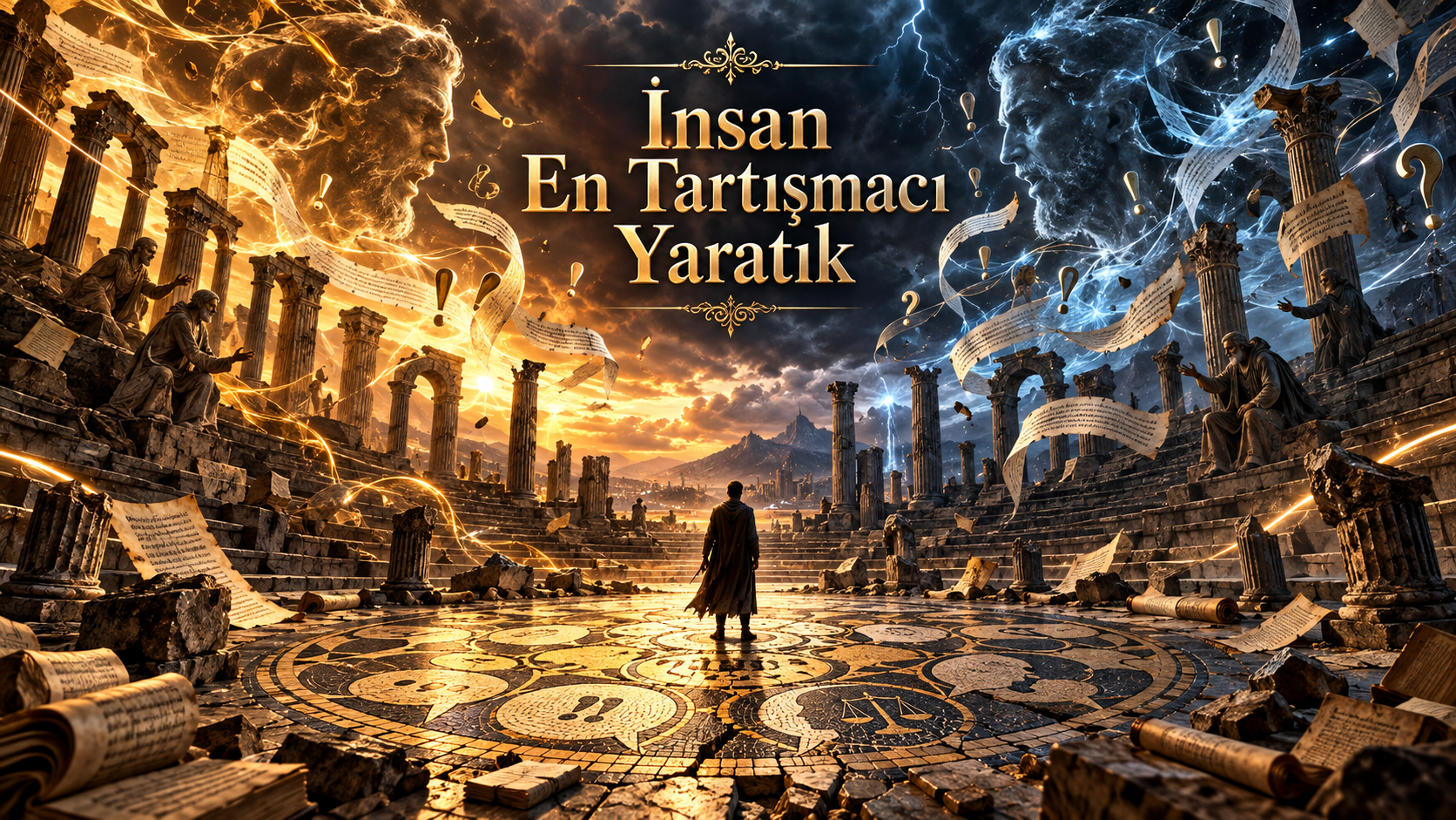 İnsan En Tartışmacı Yaratık başlıklı, tartışma, hakikat arayışı, teyit, delil, adalet, tevazu ve benlik üzerine tefekkürü temsil eden kapak görseli