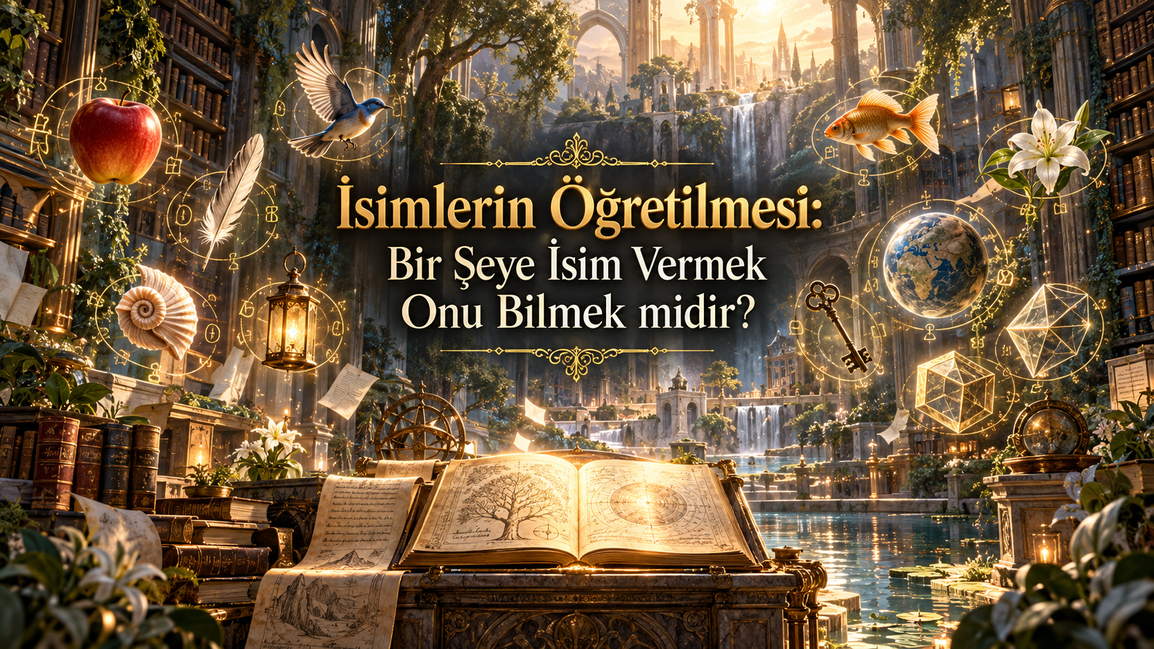 İsimlerin Öğretilmesi başlıklı, isimler, bilgi, dil, teyit, hakikat, adalet ve bilgi karşısında tevazu üzerine tefekkürü temsil eden kapak görseli