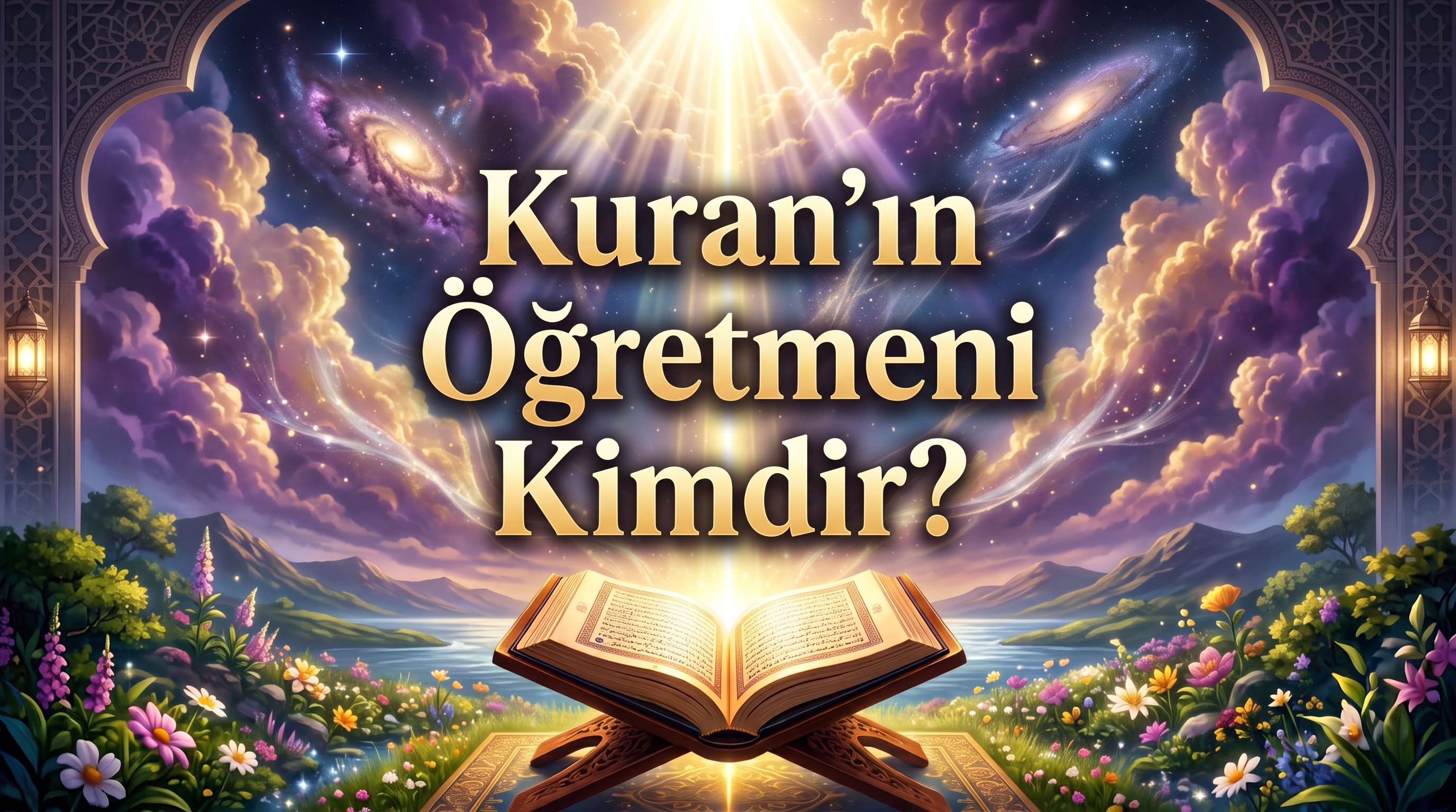 Kuran’ın Öğretmeni Kimdir başlıklı, TANRI’nın öğreticiliği, ilahi bilgi, rehberlik ve insanın öğrenme sorumluluğu üzerine tefekkürü temsil eden kapak görseli