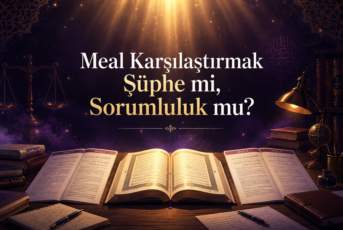 Meal Karşılaştırmak Şüphe mi, Sorumluluk mu başlıklı, yetkilendirilmiş İngilizce çeviri, Türkçe karşılıklar ve Kuranteyit çalışmasını simgeleyen bir masa görseli