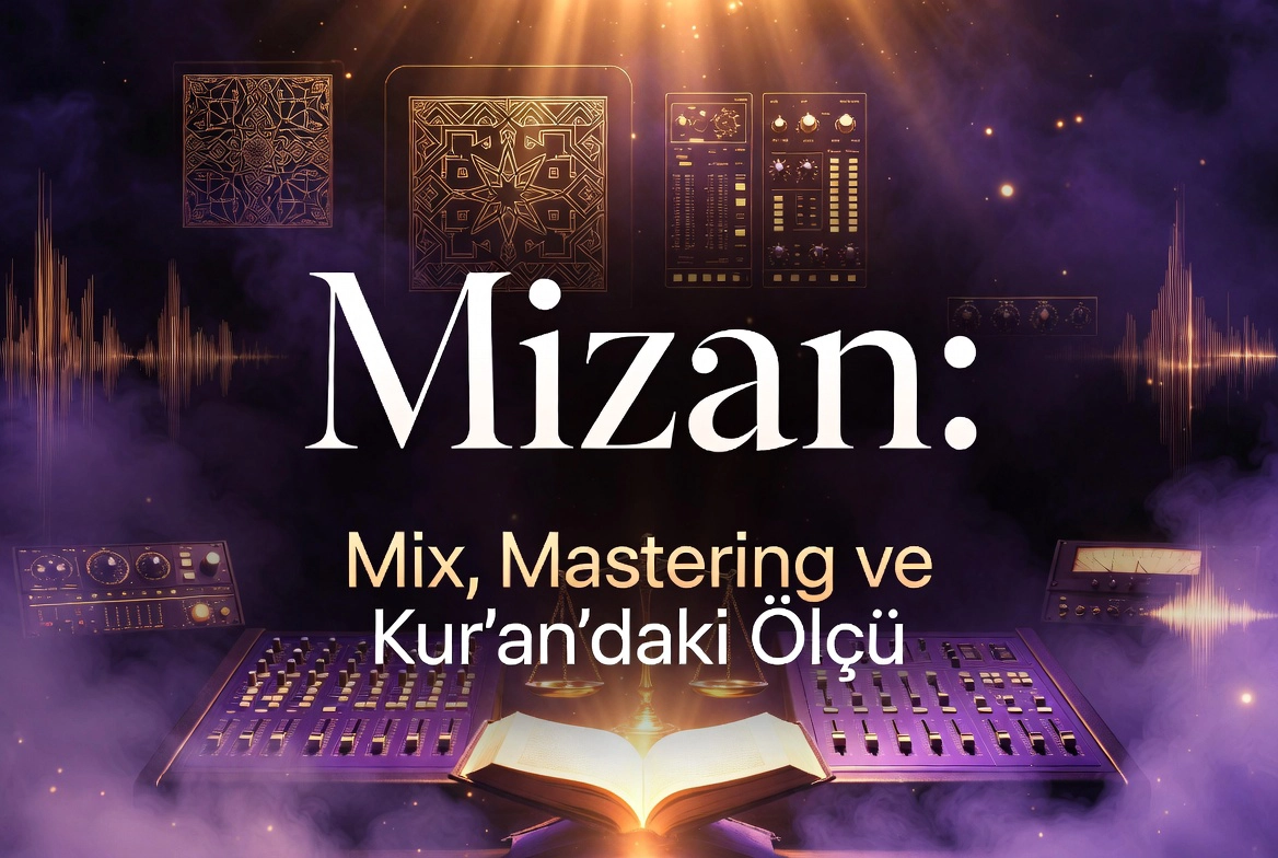 Mizan: Mix, Mastering ve Kur’an’daki Ölçü başlıklı, bir ses miksaj masasındaki kanallar ile gökyüzündeki düzeni birlikte yansıtan kapak görseli