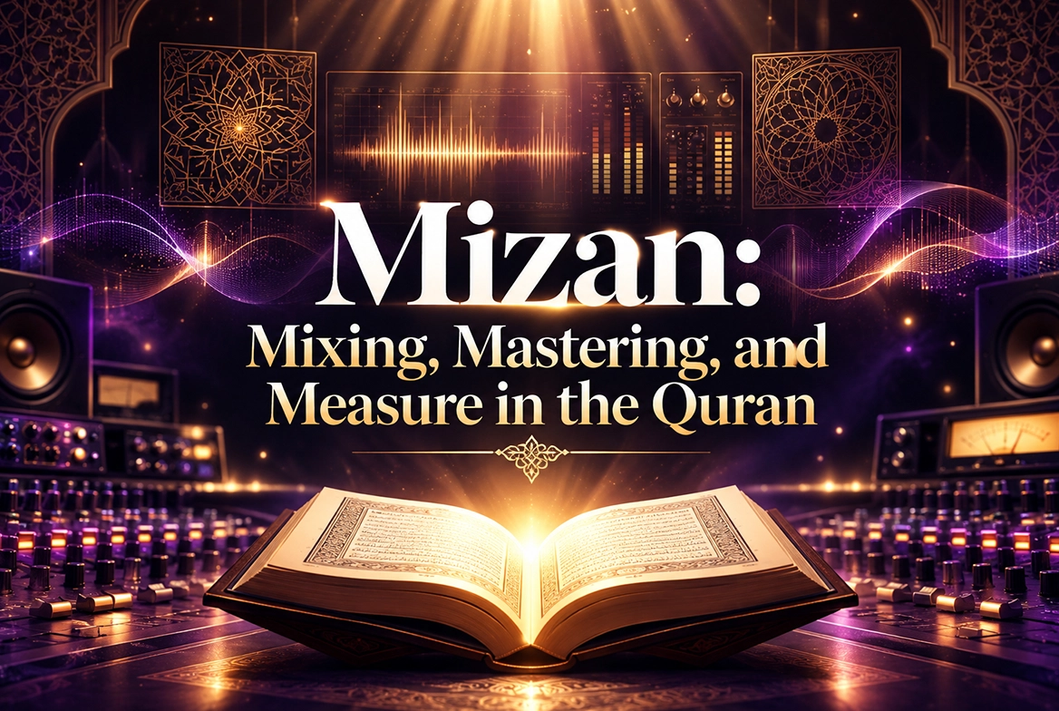 Cover image for Mizan: Mixing, Mastering, and Measure in the Quran, bringing together channels on an audio mixing console and the order of the sky