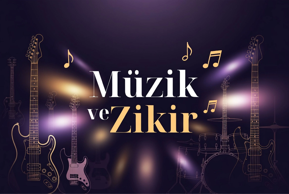 Müzik ve Zikir başlıklı, gitarlar ve müzik notaları içeren kapak görseli