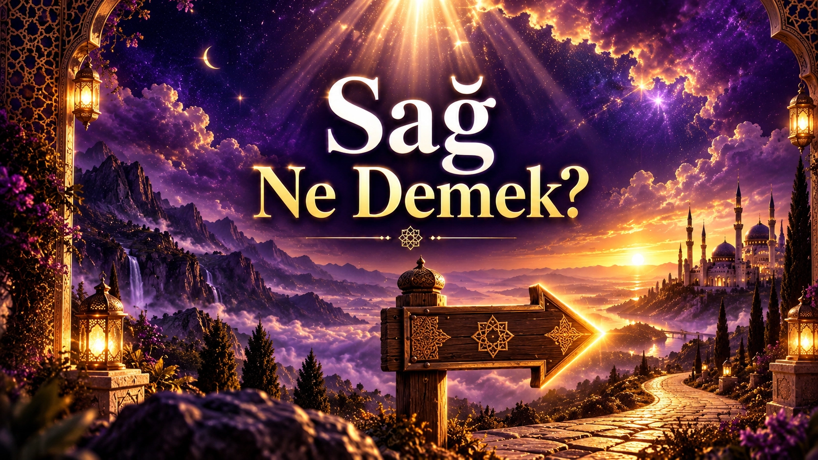 Sağ Ne Demek başlıklı, Cennetliklerin sağı, ışık, karanlık, hesap ve rehberlik temalarını temsil eden kapak görseli