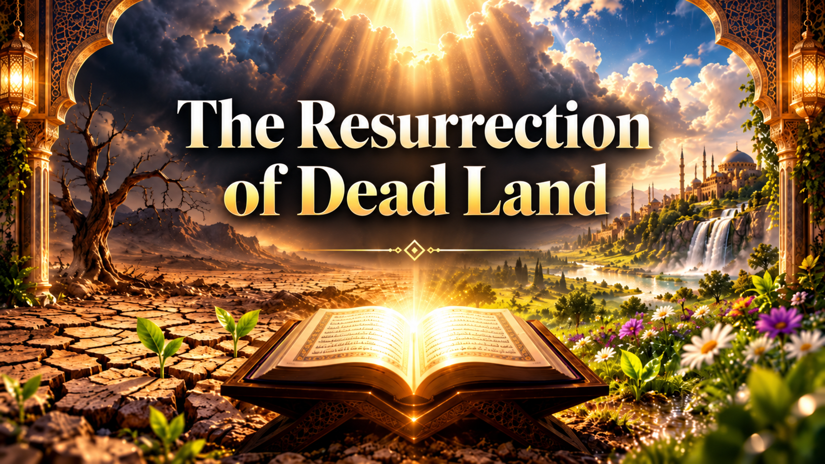 The Resurrection of Dead Land cover image reflecting on rain, revived earth, GOD’s power, mercy, provision, and resurrection in the Hereafter