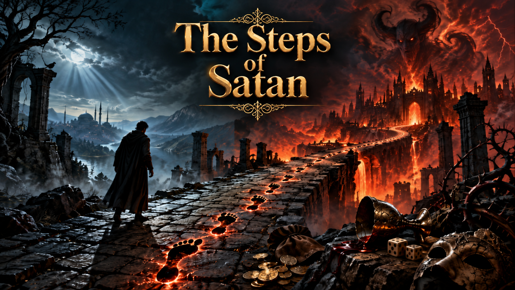 The Steps of Satan cover image reflecting on gradual deviation, knowledge, speech, temptation, and submission to GOD