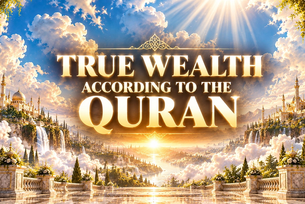 Cover image titled True Wealth According to the Quran, symbolizing the difference between material wealth and knowledge, sharing, justice, and spiritual measure