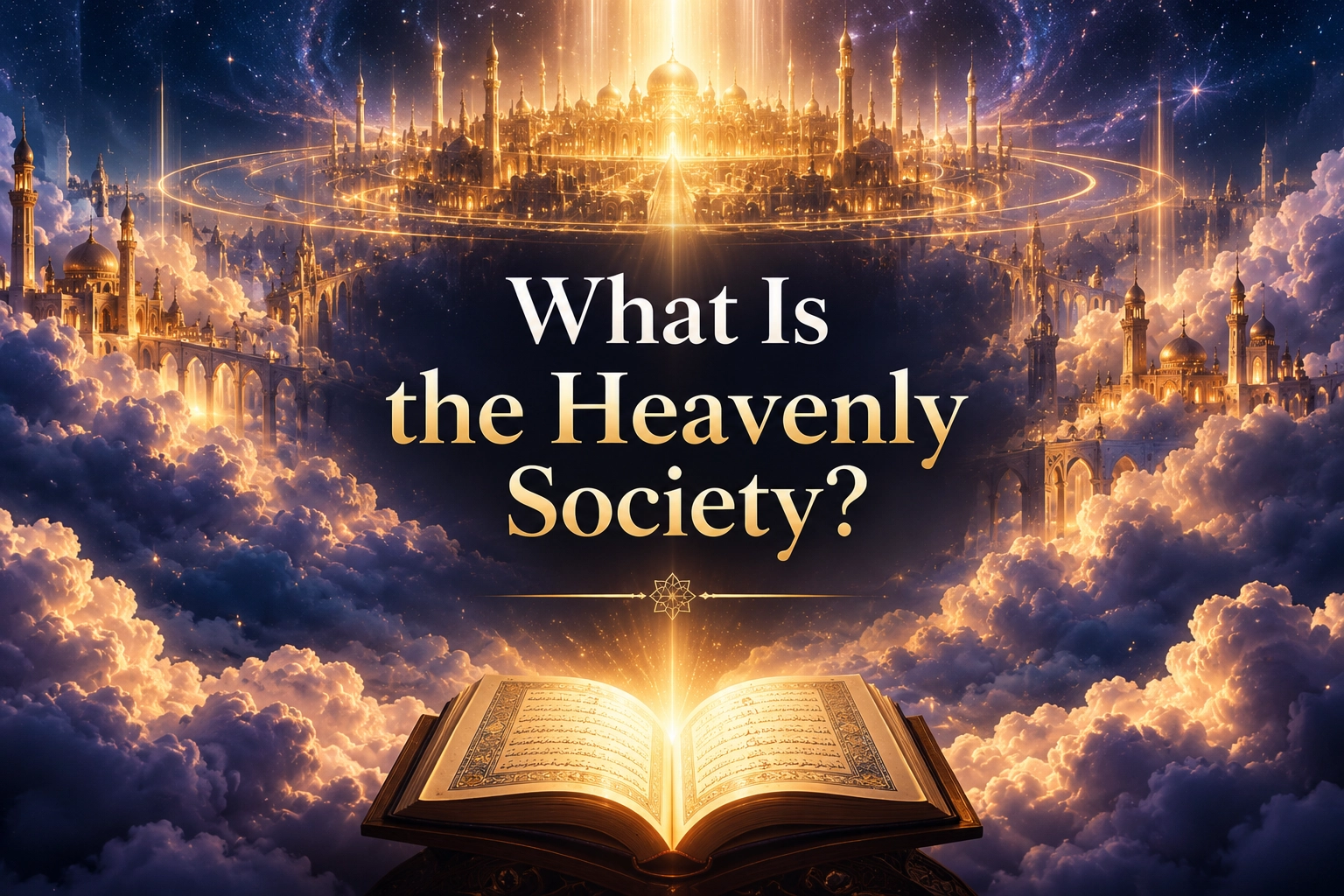 Cover image titled What Is the Heavenly Society? What Is the Dispute in the High Society?, reflecting the themes of the High Society, human creation, obedience, pride, and tawhid