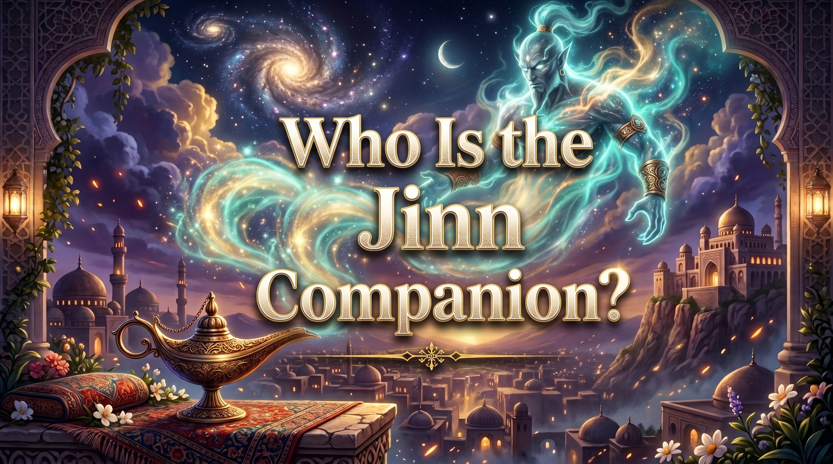 Cover illustration representing the unseen jinn companion, human moral agency, mercy, monotheism, and accountability before GOD
