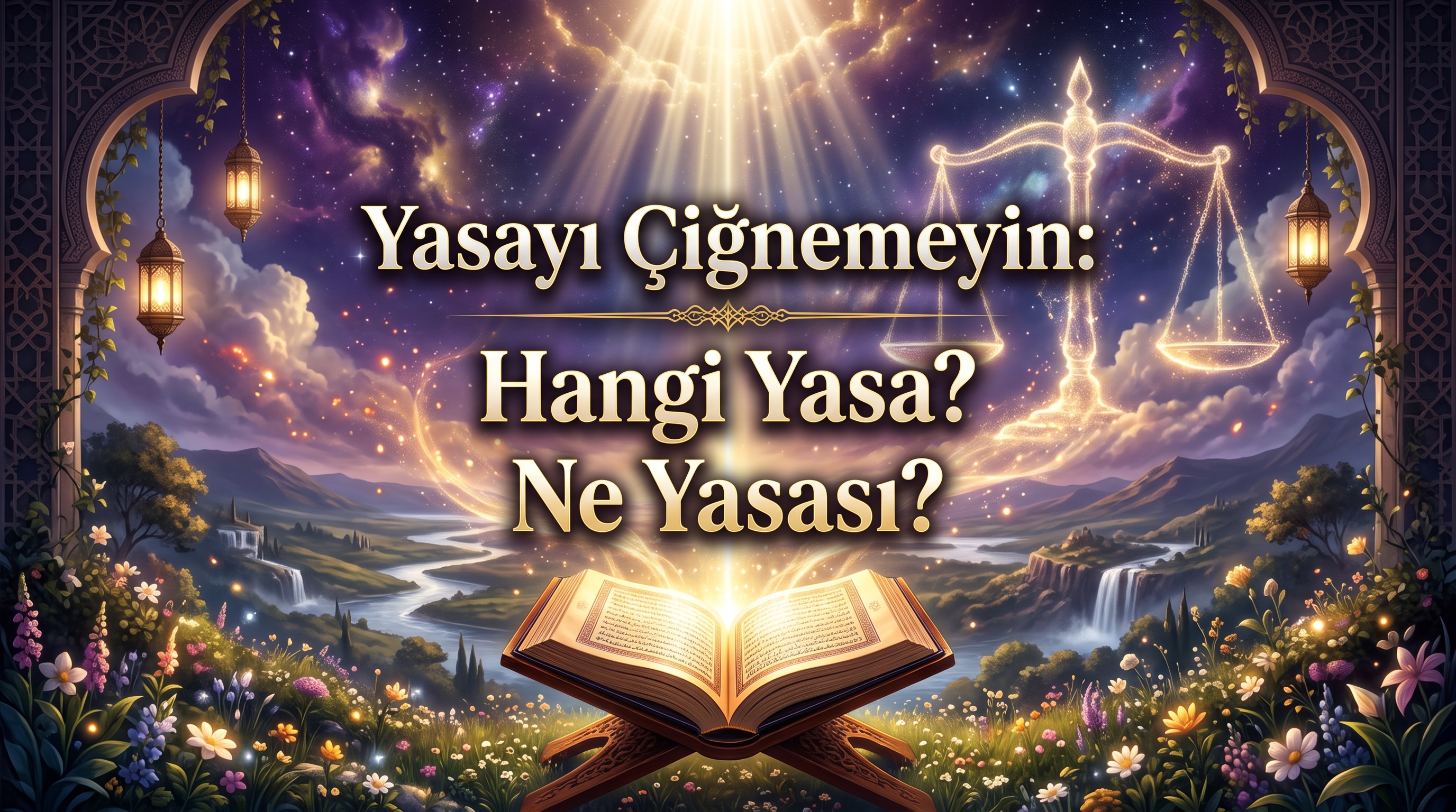 Yasayı Çiğnemeyin başlıklı, ilahi yasa, mizan, adalet, ölçü ve insanın TANRI karşısındaki sorumluluğunu temsil eden kapak görseli