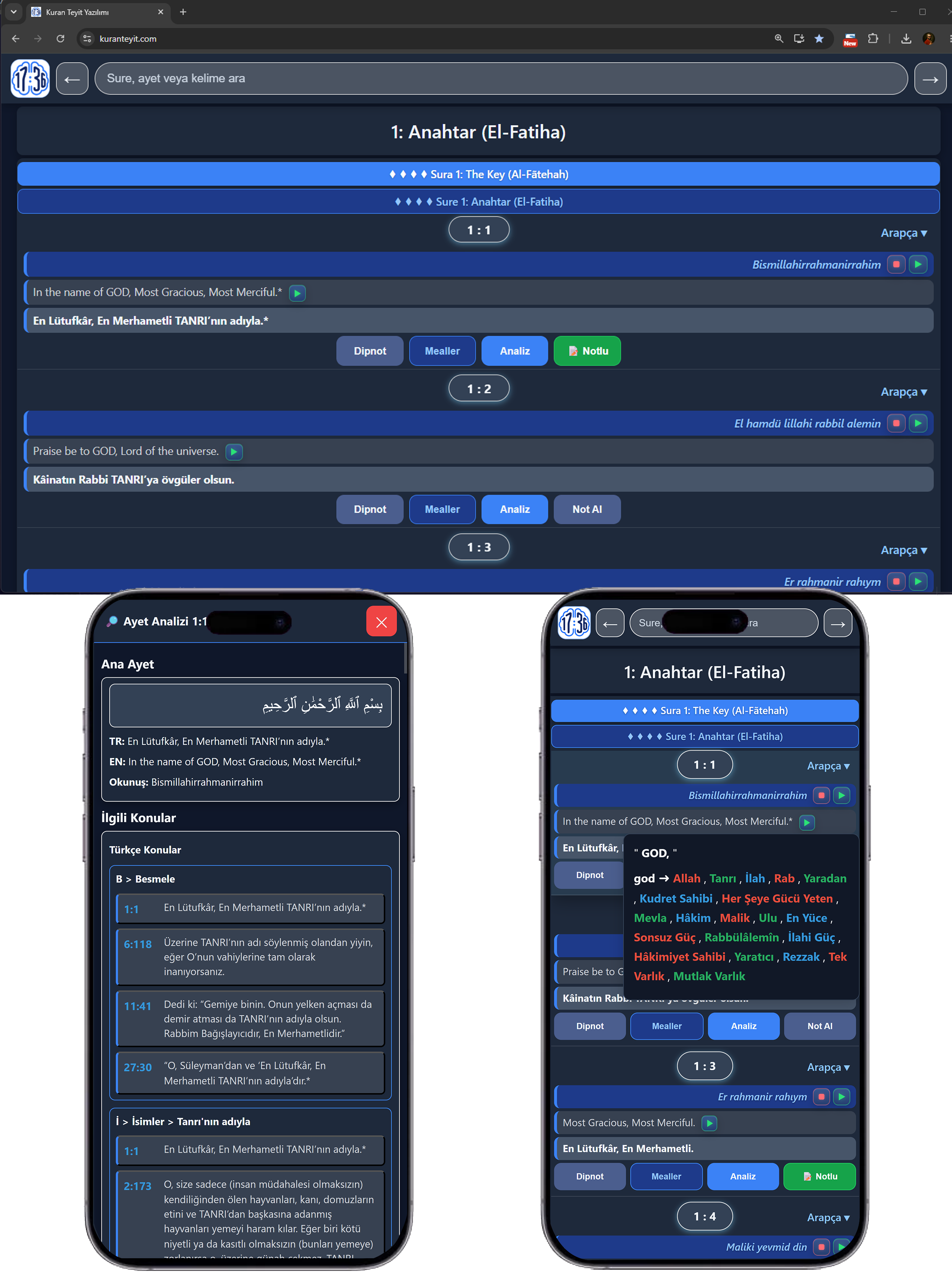 KuranTeyit.com masaüstü ve mobil Kuran araştırma platformu ön izlemesi